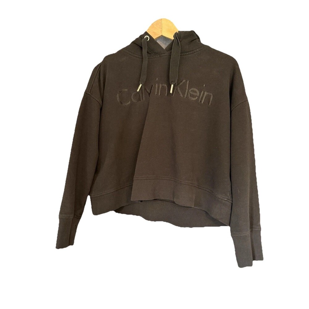 Calvin Klein Cropped Boxy Sweatshirt  Logo Performance Hooded Size L, Thumb Hole